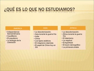 ¿QUÉ ES LO QUE NO ESTUDIAMOS?
ÁMERICA
• Independencia
Iberoaméricana
• Caudillismo
• El populismo
• La teología de la
Liberación
ASIA
• La descolonización.
• Asia durante la guerra fría
• India
• China
• Los tigres asiáticos.
• El integrismo islamista
• El papel de China hoy en
día
ÁFRICA
• La descolonización.
• África durante la guerra
fría
• El Islamismo
• La negritud
• El Apartheid
• El boom demográfico
• La primavera árabe
 