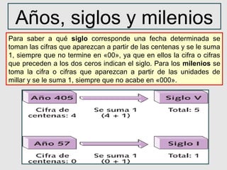 Años, siglos y milenios
Para saber a qué siglo corresponde una fecha determinada se
toman las cifras que aparezcan a partir de las centenas y se le suma
1, siempre que no termine en «00», ya que en ellos la cifra o cifras
que preceden a los dos ceros indican el siglo. Para los milenios se
toma la cifra o cifras que aparezcan a partir de las unidades de
millar y se le suma 1, siempre que no acabe en «000».
 