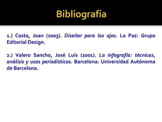 1.) Costa, Joan (2003). Diseñar para los ojos. La Paz: Grupo
Editorial Design.

2.) Valero Sancho, José Luis (2001). La infografía: técnicas,
análisis y usos periodísticos. Barcelona: Universidad Autónoma
de Barcelona.
 