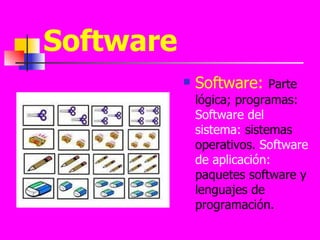 Software Software:   Parte lógica; programas:  Software del   sistema:  sistemas operativos.  Software   de aplicación:   paquetes software y lenguajes de programación. 