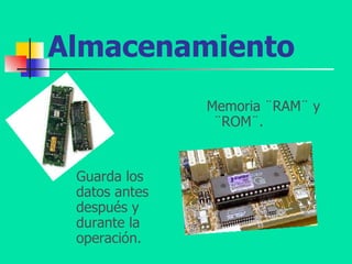 Almacenamiento Guarda los datos antes después y durante la operación. Memoria ¨RAM¨ y ¨ROM¨. 