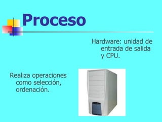 Proceso Realiza operaciones como selección, ordenación.  Hardware: unidad de entrada de salida y CPU. 