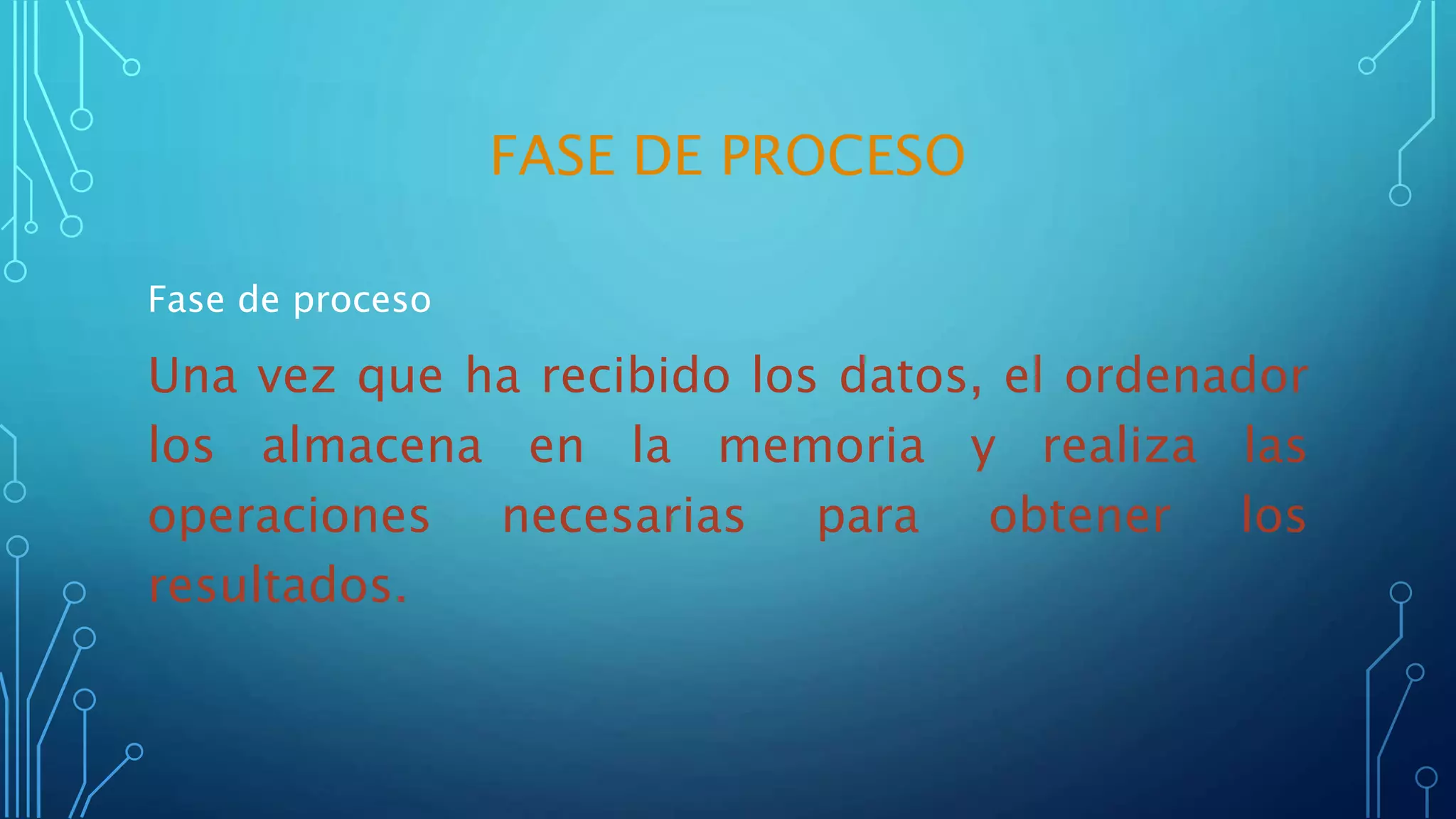 FASE DE PROCESO
Fase de proceso
Una vez que ha recibido los datos, el ordenador
los almacena en la memoria y realiza las
operaciones necesarias para obtener los
resultados.
 