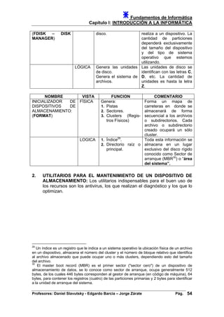 Fundamentos de Informática
Capítulo I: INTRODUCCIÓN A LA INFORMÁTICA
(FDISK – DISK
MANAGER)
disco. realiza a un dispositivo. La
cantidad de particiones
dependerá exclusivamente
del tamaño del dispositivo
y del tipo de sistema
operativo que estemos
utilizando.
LÓGICA Genera las unidades
de disco.
Genera el sistema de
archivos.
Las unidades de disco se
identifican con las letras C,
D, etc. La cantidad de
unidades es hasta la letra
Z.
NOMBRE VISTA FUNCION COMENTARIO
INICIALIZADOR DE
DISPOSITIVOS DE
ALMACENAMIENTO:
(FORMAT)
FÍSICA Genera:
1. Pistas
2. Sectores.
3. Clusters (Regis-
tros Físicos)
Forma un mapa de
carreteras en donde se
almacenará de forma
secuencial a los archivos
o subdirectorios. Cada
archivo o subdirectorio
creado ocupará un sólo
cluster.
LOGICA 1. Índice29
.
2. Directorio raíz o
principal.
Toda esta información se
almacena en un lugar
exclusivo del disco rígido
conocido como Sector de
arranque (MBR30
) o “área
del sistema”.
2. UTILITARIOS PARA EL MANTENIMIENTO DE UN DISPOSITIVO DE
ALMACENAMIENTO: Los utilitarios indispensables para el buen uso de
los recursos son los antivirus, los que realizan el diagnóstico y los que lo
optimizan.
29
Un índice es un registro que le indica a un sistema operativo la ubicación física de un archivo
en un dispositivo, almacena el número del cluster y el número de bloque relativo que identifica
al archivo almacenado que puede ocupar uno o más clusters, dependiendo esto del tamaño
del archivo.
30
El master boot record (MBR) es el primer sector ("sector cero") de un dispositivo de
almacenamiento de datos, se lo conoce como sector de arranque, ocupa generalmente 512
bytes, de los cuales 446 bytes corresponden al gestor de arranque (en código de máquina), 64
bytes, para contener los registros (cuatro) de las particiones primarias y 2 bytes para identificar
a la unidad de arranque del sistema.
Profesores: Daniel Slavutsky - Edgardo Barcia – Jorge Zárate Pág. 54
 