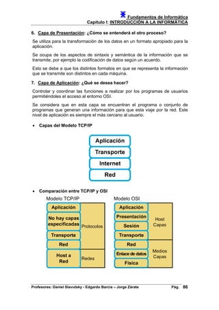 Fundamentos de Informática
Capítulo I: INTRODUCCIÓN A LA INFORMÁTICA
6. Capa de Presentación: ¿Cómo se entenderá el otro proceso?
Se utiliza para la transformación de los datos en un formato apropiado para la
aplicación.
Se ocupa de los aspectos de sintaxis y semántica de la información que se
transmite, por ejemplo la codificación de datos según un acuerdo.
Esto se debe a que los distintos formatos en que se representa la información
que se transmite son distintos en cada máquina.
7. Capa de Aplicación: ¿Qué se desea hacer?
Controlar y coordinar las funciones a realizar por los programas de usuarios
permitiéndoles el acceso al entorno OSI.
Se considera que en esta capa se encuentran el programa o conjunto de
programas que generan una información para que esta viaje por la red. Este
nivel de aplicación es siempre el más cercano al usuario.
• Capas del Modelo TCP/IP
• Comparación entre TCP/IP y OSI
Profesores: Daniel Slavutsky - Edgardo Barcia – Jorge Zárate Pág. 86
 