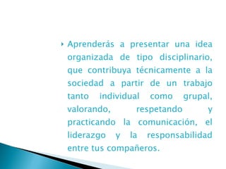 Aprenderás a presentar una idea organizada de tipo disciplinario, que contribuya técnicamente a la sociedad a partir de un trabajo tanto individual como grupal, valorando, respetando y practicando la comunicación, el liderazgo y la responsabilidad entre tus compañeros. 