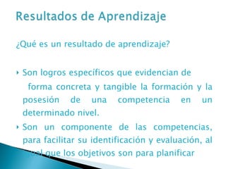 ¿Qué es un resultado de aprendizaje? Son logros específicos que evidencian de forma concreta y tangible la formación y la posesión de una competencia en un determinado nivel. Son un componente de las competencias, para facilitar su identificación y evaluación, al igual que los objetivos son para planificar 