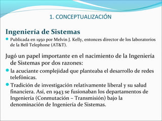 Ingeniería de Sistemas
Publicada en 1950 por Melvin J. Kelly, entonces director de los laboratorios
de la Bell Telephone (AT&T).
Jugó un papel importante en el nacimiento de la Ingeniería
de Sistemas por dos razones:
la acuciante complejidad que planteaba el desarrollo de redes
telefónicas.
Tradición de investigación relativamente liberal y su salud
financiera. Así, en 1943 se fusionaban los departamentos de
Ingeniería (Conmutación – Transmisión) bajo la
denominación de Ingeniería de Sistemas.
1. CONCEPTUALIZACIÓN
 