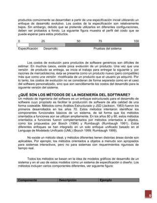 productos comúnmente se desarrollan a partir de una especificación inicial utilizando un
enfoque de desarrollo evolutivo. Los costos de la especificación son relativamente
bajos. Sin embargo, debido que se pretende utilizarlos en diferentes configuraciones,
deben ser probados a fondo. La siguiente figura muestra el perfil del costo que se
puede esperar para estos productos.
0
Especificación

25

50

Desarrollo

75

100

Pruebas del sistema

Los costos de evolución para productos de software genéricos son difíciles de
estimar. En muchos casos, existe poca evolución de un producto. Una vez que una
versión de producto se entrega, se inicia el trabajo para entregar la siguiente y, por
razones de mercadotecnia, ésta se presenta como un producto nuevo (pero compatible)
más que como una versión modificada de un producto que el usuario ya adquirió. Por
lo tanto, los costos de evolución no se consideran de forma separada como en el caso
del software personalizado, sino que son sencillamente los costos del desarrollo para la
siguiente versión del sistema.

¿QUÉ SON LOS MÉTODOS DE LA INGENIERÍA DEL SOFTWARE?
Un método de ingeniería del software es un enfoque estructurado para el desarrollo de
software cuyo propósito es facilitar la producción de software de alta calidad de una
forma costeable. Métodos como Análisis Estructurado y JSD (Jackson, 1983) fueron los
primeros desarrollados en los años 70. Estos métodos intentaron identificar los
componentes funcionales básicos de un sistema, de tal forma que los métodos
orientados a funciones aún se utilizan ampliamente. En los años 80 y 90, estos métodos
orientados a funciones fueron complementados por métodos orientados a objetos,
como los propuestos por Booch (1994) y Rumbaugh (Rumbaugh 1991). Estos
diferentes enfoques se han integrado en un solo enfoque unificado basado en el
Lenguaje de Modelado Unificado (UML) (Booch 1999; Rumbaugh 1999).
No existe un método ideal, y métodos diferentes tienen distintas áreas donde son
aplicables. Por ejemplo, los métodos orientados a objetos a menudo son apropiados
para sistemas interactivos, pero no para sistemas con requerimientos rigurosos de
tiempo real.

Todos los métodos se basan en la idea de modelos gráficos de desarrollo de un
sistema y en el uso de estos modelos como un sistema de especificación o diseño. Los
métodos incluyen varios componentes diferentes, ver siguiente figura:

Componente

Descripción

Ejemplo

9

 