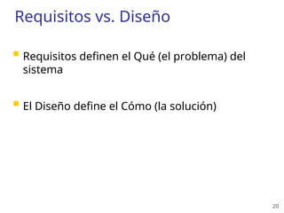20
Requisitos vs. Diseño
 Requisitos definen el Qué (el problema) del
sistema
 El Diseño define el Cómo (la solución)
 