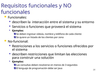 29
Requisitos funcionales y NO
funcionales
 Funcionales:
 describen la interacción entre el sistema y su entorno
 Servicios o funciones que proveerá el sistema
 Ejemplos:
Se deben ingresar cédula, nombre y teléfono de cada cliente
Se quiere un listado de los clientes por zona
 No-funcional:
 Restricciones a los servicios o funciones ofrecidos por
el sistema
 describen restricciones que limitan las elecciones
para construir una solución
 Ejemplos:
Las consultas deben resolverse en menos de 3 segundos
El lenguaje de programación debe ser Java
 