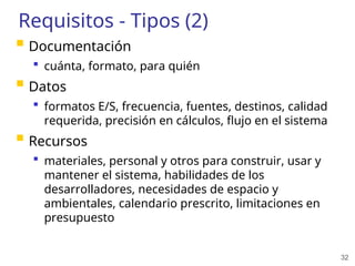 32
Requisitos - Tipos (2)
 Documentación
 cuánta, formato, para quién
 Datos
 formatos E/S, frecuencia, fuentes, destinos, calidad
requerida, precisión en cálculos, flujo en el sistema
 Recursos
 materiales, personal y otros para construir, usar y
mantener el sistema, habilidades de los
desarrolladores, necesidades de espacio y
ambientales, calendario prescrito, limitaciones en
presupuesto
 