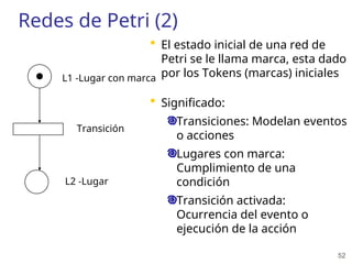 52
Redes de Petri (2)
 El estado inicial de una red de
Petri se le llama marca, esta dado
por los Tokens (marcas) iniciales
 Significado:
Transiciones: Modelan eventos
o acciones
Lugares con marca:
Cumplimiento de una
condición
Transición activada:
Ocurrencia del evento o
ejecución de la acción
L1 -Lugar con marca
L2 -Lugar
Transición
 