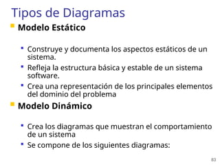 83
Tipos de Diagramas
 Modelo Estático
 Construye y documenta los aspectos estáticos de un
sistema.
 Refleja la estructura básica y estable de un sistema
software.
 Crea una representación de los principales elementos
del dominio del problema
 Modelo Dinámico
 Crea los diagramas que muestran el comportamiento
de un sistema
 Se compone de los siguientes diagramas:
 