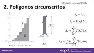 Introducción a la Integral Definida
4
𝑥
2
1
0
𝑦
1
2
3
4
𝑓
𝑥2 𝑥𝑖−1 𝑥𝑖 𝑥𝑛−1 𝑥𝑛
𝑥0 𝑥1
𝑥𝑖−1 𝑥𝑖
Δ𝑥𝑖
𝑓 𝑥𝑖
𝐴𝑖 = 𝑙1 𝑙2
𝐴𝑖 = 𝑓 𝑥𝑖 Δ𝑥𝑖
𝐴𝑅 ≈
𝑖=1
𝑛
𝑓 𝑥𝑖 Δ𝑥𝑖
𝐴𝑅 = 𝑙𝑖𝑚
𝑛→+∞
𝑖=1
𝑛
𝑓 𝑥𝑖 Δ𝑥𝑖
2. Polígonos circunscritos
𝑅
 