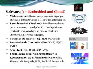 Software (1 – Embedded and Cloud)
• Middleware: Software que provee una capa que
abstrae la infraestructura del IoT y las aplicaciones .
• Servidores IoT (Brokers): Servidores web que
permiten conectar cualquier tipo de dispositivos
mediante acceso web y una base centralizada.
Ofreciendo diferentes servicios.
• Sistemas Operativos: Ej. RIOT OS. Contiki
• Protocolos de Comunicación: COAP, MQTT,
XMPP.
• Arquitecturas: REST, SOA, WSN.
• Tecnologías de la Web Semántica y la
Recuperación de Información: Ontologías,
Sistemas de Búsqueda, PLN, Realidad Aumentada.
Miguel Ángel Niño Zambrano
 