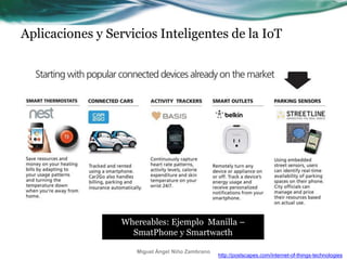 Aplicaciones y Servicios Inteligentes de la IoT
http://postscapes.com/internet-of-things-technologies
Miguel Ángel Niño Zambrano
Whereables: Ejemplo Manilla –
SmatPhone y Smartwacth
 