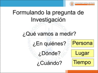 Formulando la pregunta de
Investigación
¿Qué vamos a medir?
¿En quiénes?
¿Dónde?
¿Cuándo?
Persona
Lugar
Tiempo
 