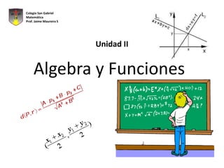 Colegio San Gabriel
Matemática
Prof. Jaime Maureira S




                         Unidad II


     Algebra y Funciones
 