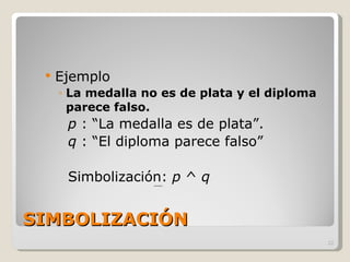 SIMBOLIZACIÓN Ejemplo La medalla no es de plata y el diploma parece falso. p  : “La medalla es de plata”. q  : “El diploma parece falso” Simbolización:  p  ^  q 