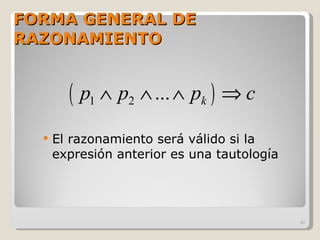 FORMA GENERAL DE RAZONAMIENTO El razonamiento será válido si la expresión anterior es una tautología 