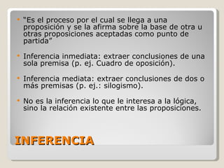 INFERENCIA “ Es el proceso por el cual se llega a una proposición y se la afirma sobre la base de otra u otras proposiciones aceptadas como punto de partida”  Inferencia inmediata: extraer conclusiones de una sola premisa (p. ej. Cuadro de oposición).  Inferencia mediata: extraer conclusiones de dos o más premisas (p. ej.: silogismo). No es la inferencia lo que le interesa a la lógica, sino la relación existente entre las proposiciones. 