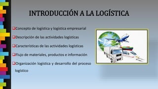 INTRODUCCIÓN A LA LOGÍSTICA
Concepto de logística y logística empresarial
Descripción de las actividades logísticas
Características de las actividades logísticas
Flujo de materiales, productos e información
Organización logística y desarrollo del proceso
logístico
 