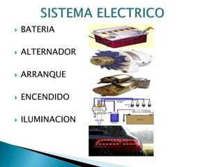 

BATERIA



ALTERNADOR



ARRANQUE



ENCENDIDO



ILUMINACION

 