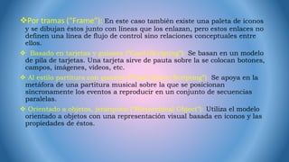 Por tramas (“Frame”): En este caso también existe una paleta de iconos
y se dibujan éstos junto con líneas que los enlazan, pero estos enlaces no
definen una línea de flujo de control sino relaciones conceptuales entre
ellos.
 Basado en tarjetas y guiones (“Card/Scripting”): Se basan en un modelo
de pila de tarjetas. Una tarjeta sirve de pauta sobre la se colocan botones,
campos, imágenes, vídeos, etc.
 Al estilo partitura con guiones (“Cast/Score/Scripting”): Se apoya en la
metáfora de una partitura musical sobre la que se posicionan
síncronamente los eventos a reproducir en un conjunto de secuencias
paralelas.
 Orientado a objetos, jerárquico (“Hierarchical Object”): Utiliza el modelo
orientado a objetos con una representación visual basada en iconos y las
propiedades de éstos.
 