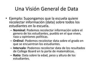 Una Visión General de DataEjemplo: Supongamos que la escuela quiere recolectar información (data) sobre todos los estudiantes en la escuela.Nominal: Podemos recolectar información sobre el genero de los estudiantes, pueblo en el que viven, raza u opiniones políticas.Ordinal: Podemos recolectar data sobre el grado en que se encuentran los estudiantes.Intervalo: Podemos recolectar data de los resultados de CollegeBoard en la parte de matemáticas.Ratio: Data sobre la edad, peso y altura de los estudiantes.