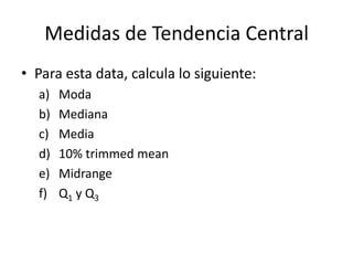 Medidas de Tendencia CentralPara esta data, calcula lo siguiente:ModaMedianaMedia10% trimmed meanMidrangeQ1 y Q3