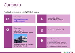 Para localizar o contactar con ENCAMINA puedes:
Contacto
Enviar un mail a:
encamina@encamina.com
info@encamina.com
Llamar ...