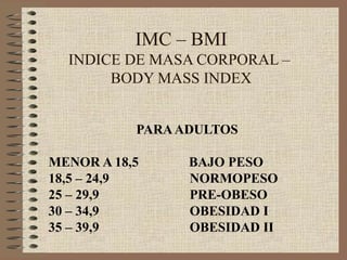 IMC – BMI
  INDICE DE MASA CORPORAL –
       BODY MASS INDEX


           PARA ADULTOS

MENOR A 18,5     BAJO PESO
18,5 – 24,9      NORMOPESO
25 – 29,9        PRE-OBESO
30 – 34,9        OBESIDAD I
35 – 39,9        OBESIDAD II
 
