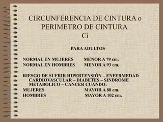 CIRCUNFERENCIA DE CINTURA o
     PERIMETRO DE CINTURA
              Ci
                 PARA ADULTOS

NORMAL EN MUJERES     MENOR A 79 cm.
NORMAL EN HOMBRES     MENOR A 93 cm.

RIESGO DE SUFRIR HIPERTENSIÓN – ENFERMEDAD
  CARDIOVASCULAR – DIABETES – SINDROME
  METABOLICO – CANCER CUANDO:
MUJERES                MAYOR A 88 cm.
HOMBRES                MAYOR A 102 cm.
 