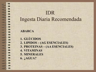IDR
Ingesta Diaria Recomendada

ABARCA

1.   GLÚCIDOS
2.   LIPIDOS – (AG ESENCIALES)
3.   PROTEINAS – (AA ESENCIALES)
4.   VITAMINAS
5.   MINERALES
6.   ¿AGUA?
 