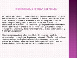 Son factores que ayudan a la determinarte en la sociedad (educandos) , por ende
estas mismas dan un resultado continuo donde , al basarse con otras ciencias las
cuales ayudaran e circularan fundamentos para una integridad la cual de
manera conjunta nos ayuden a la educación de los seres humano . Su
funcionalidad de las ciencias son un modelo, que emprenden conjuntamente la
finalidad de fidelidad y formación en un punto básico partiendo de donde el
pedagogo tiene una misión, de relevante importancia, el cual deberá conocer y
detallar para su aplicación .
Estas mismas nos ayudan a saber necesidades del educando , desde los
planteamientos y lineamientos de cada una , psicología , filosofía , antropología,
economía, política donde al aplicarlas de indistinta manera hace una de
notación de actitudes , valore, destrezas, didácticas en entre otras , para un
desenvolvimiento integro, formalizado , y sobre todo constructivo .
 