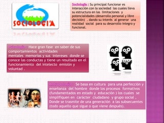 Hace gran fase en saber de sus
comportamientos actividades
mentales memorias y sus intereses donde se
conoce las conductas y tiene un resultado en el
funcionamiento del intelecto emisión y
voluntad .
Su principal funcionar es
interacción con la sociedad las cuales lleva
su estructura en las limitaciones y
potencialidades (desarrollo personal y libre
decisión) . dando su interés al generar una
realidad social para su desarrollo integro y
funcional.
Se basa en cultura para una perfección y
enseñanza del hombre donde los procesos formativos
(fundamentados en estado y educación ) los cuales se
simplifiquen en carácter ciudadano y grupo social ,
Donde se trasmite de una generación a las subsecuentes
(todo aquello que sigue o que viene después).
 