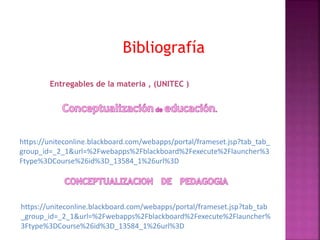 Bibliografía
Entregables de la materia , (UNITEC )
https://uniteconline.blackboard.com/webapps/portal/frameset.jsp?tab_tab_
group_id=_2_1&url=%2Fwebapps%2Fblackboard%2Fexecute%2Flauncher%3
Ftype%3DCourse%26id%3D_13584_1%26url%3D
https://uniteconline.blackboard.com/webapps/portal/frameset.jsp?tab_tab
_group_id=_2_1&url=%2Fwebapps%2Fblackboard%2Fexecute%2Flauncher%
3Ftype%3DCourse%26id%3D_13584_1%26url%3D
 