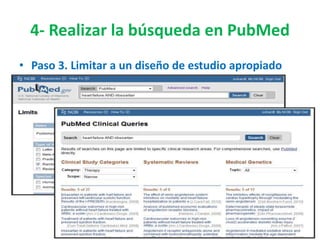 4- Realizar la búsqueda en PubMed
• Paso 3. Limitar a un diseño de estudio apropiado
 