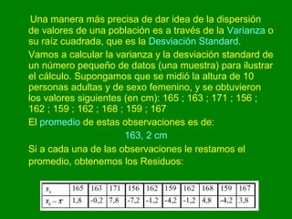 Una manera más precisa de dar idea de la dispersión de valores de una población es a través de la  Varianza  o su raíz cuadrada, que es la  Desviación Standard .  Vamos a calcular la varianza y la desviación standard de un número pequeño de datos (una muestra) para ilustrar el cálculo. Supongamos que se midió la altura de 10 personas adultas y de sexo femenino, y se obtuvieron los valores siguientes (en cm): 165 ; 163 ; 171 ; 156 ; 162 ; 159 ; 162 ; 168 ; 159 ; 167  El  promedio  de estas observaciones es de: 163, 2 cm   Si a cada una de las observaciones le restamos el promedio, obtenemos los Residuos:   