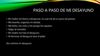 PASO A PASO DE MI DESAYUNO
• Mi madre me llama a desayunar, lo cual me da un poco de pereza.
• Me levanto, organizo mi alcoba.
• Me baño, me visto y me pongo los zapatos.
• Salgo al comedor
• Mi madre me trae el desayuno.
• Al terminar el desayuno lavo el plato
Así culmina mi desayuno
 
