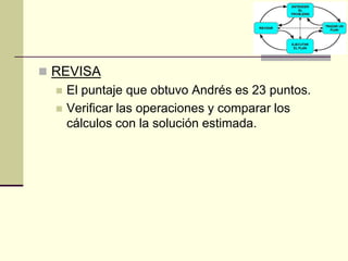 REVISAEl puntaje que obtuvo Andrés es 23 puntos.Verificar las operaciones y comparar los cálculos con la solución estimada.