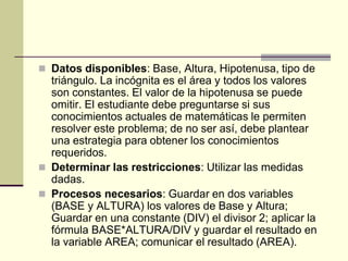 Datos disponibles: Base, Altura, Hipotenusa, tipo de triángulo. La incógnita es el área y todos los valores son constantes. El valor de la hipotenusa se puede omitir. El estudiante debe preguntarse si sus conocimientos actuales de matemáticas le permiten resolver este problema; de no ser así, debe plantear una estrategia para obtener los conocimientos requeridos.Determinar las restricciones: Utilizar las medidas dadas.Procesos necesarios: Guardar en dos variables (BASE y ALTURA) los valores de Base y Altura; Guardar en una constante (DIV) el divisor 2; aplicar la fórmula BASE*ALTURA/DIV y guardar el resultado en la variable AREA; comunicar el resultado (AREA).