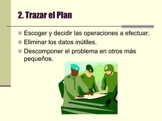 2. Trazar el PlanEscoger y decidir las operaciones a efectuar.Eliminar los datos inútiles.Descomponer el problema en otros más pequeños.