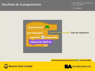 Resultado de la
programación
Se muestra
captura de
imagen donde
se ubica el ciclo
de repetición
dentro de la
programación
Al presionar
bandera verde
por siempre
esperar un
segundos
siguiente disfraz
 