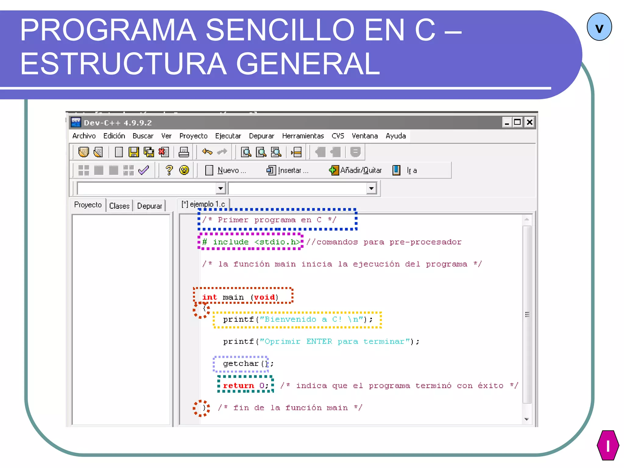 PROGRAMA SENCILLO EN C – ESTRUCTURA GENERAL v I 