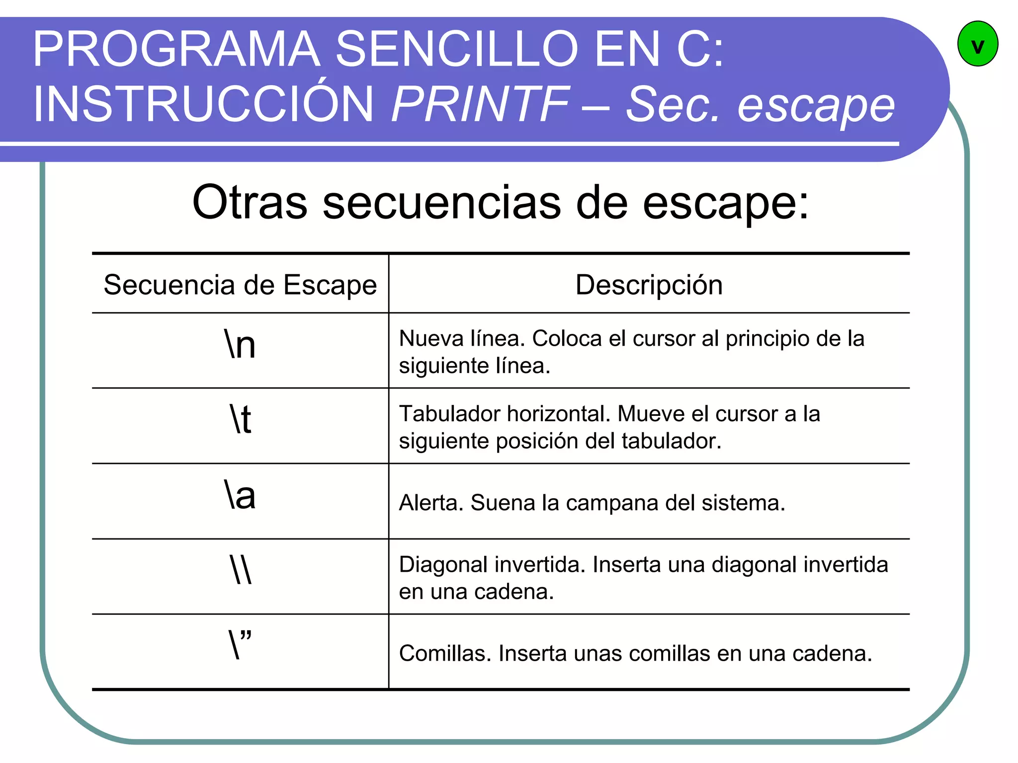 PROGRAMA SENCILLO EN C:  INSTRUCCIÓN  PRINTF – Sec. escape v Otras secuencias de escape: Comillas. Inserta unas comillas en una cadena. \” Diagonal invertida. Inserta una diagonal invertida en una cadena. \\ Alerta. Suena la campana del sistema. \a Tabulador horizontal. Mueve el cursor a la siguiente posición del tabulador. \t Nueva línea. Coloca el cursor al principio de la siguiente línea. \n Descripción Secuencia de Escape 