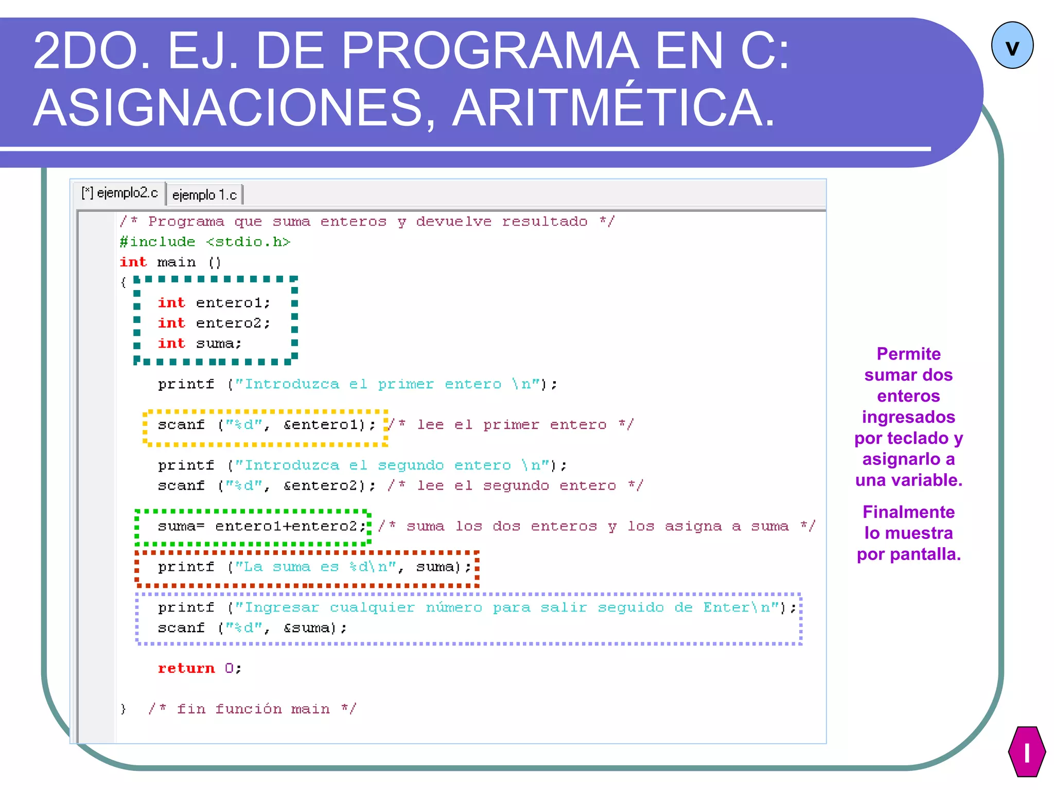 2DO. EJ. DE PROGRAMA EN C: ASIGNACIONES, ARITMÉTICA. v Permite sumar dos enteros ingresados por teclado y asignarlo a una variable. Finalmente lo muestra por pantalla. I 