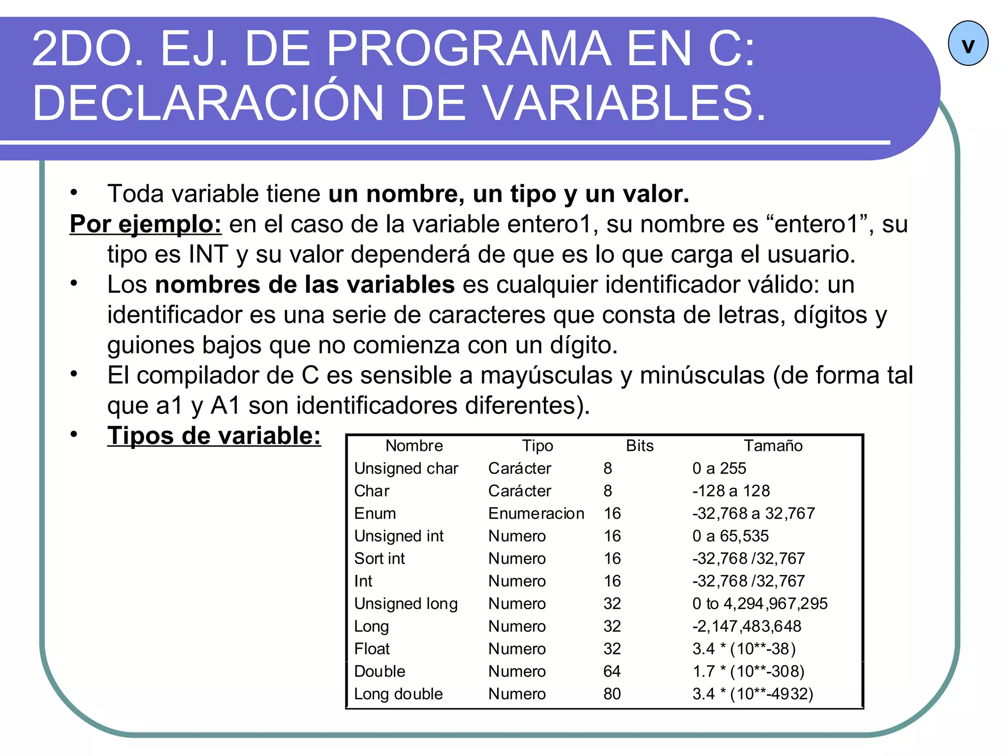 2DO. EJ. DE PROGRAMA EN C: DECLARACIÓN DE VARIABLES. v Toda variable tiene  un nombre, un tipo y un valor. Por ejemplo:  en el caso de la variable entero1, su nombre es “entero1”, su tipo es INT y su valor dependerá de que es lo que carga el usuario. Los  nombres de las variables  es cualquier identificador válido: un identificador es una serie de caracteres que consta de letras, dígitos y guiones bajos que no comienza con un dígito. El compilador de C es sensible a mayúsculas y minúsculas (de forma tal que a1 y A1 son identificadores diferentes). Tipos de variable: 