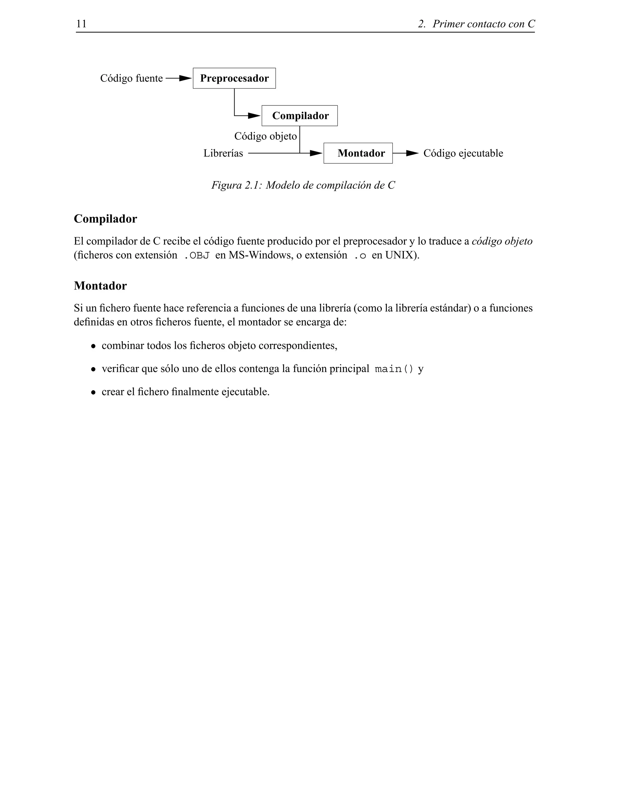 11 2. Primer contacto con C
Montador
Preprocesador
Compilador
Código fuente
Librerías
Código objeto
Código ejecutable
Figura 2.1: Modelo de compilaci´on de C
Compilador
El compilador de C recibe el c´odigo fuente producido por el preprocesador y lo traduce a c´odigo objeto
(ﬁcheros con extensi´on .OBJ en MS-Windows, o extensi´on .o en UNIX).
Montador
Si un ﬁchero fuente hace referencia a funciones de una librer´ıa (como la librer´ıa est´andar) o a funciones
deﬁnidas en otros ﬁcheros fuente, el montador se encarga de:
combinar todos los ﬁcheros objeto correspondientes,
veriﬁcar que s´olo uno de ellos contenga la funci´on principal main() y
crear el ﬁchero ﬁnalmente ejecutable.
© Los autores, 2000; © Edicions UPC, 2000.
 